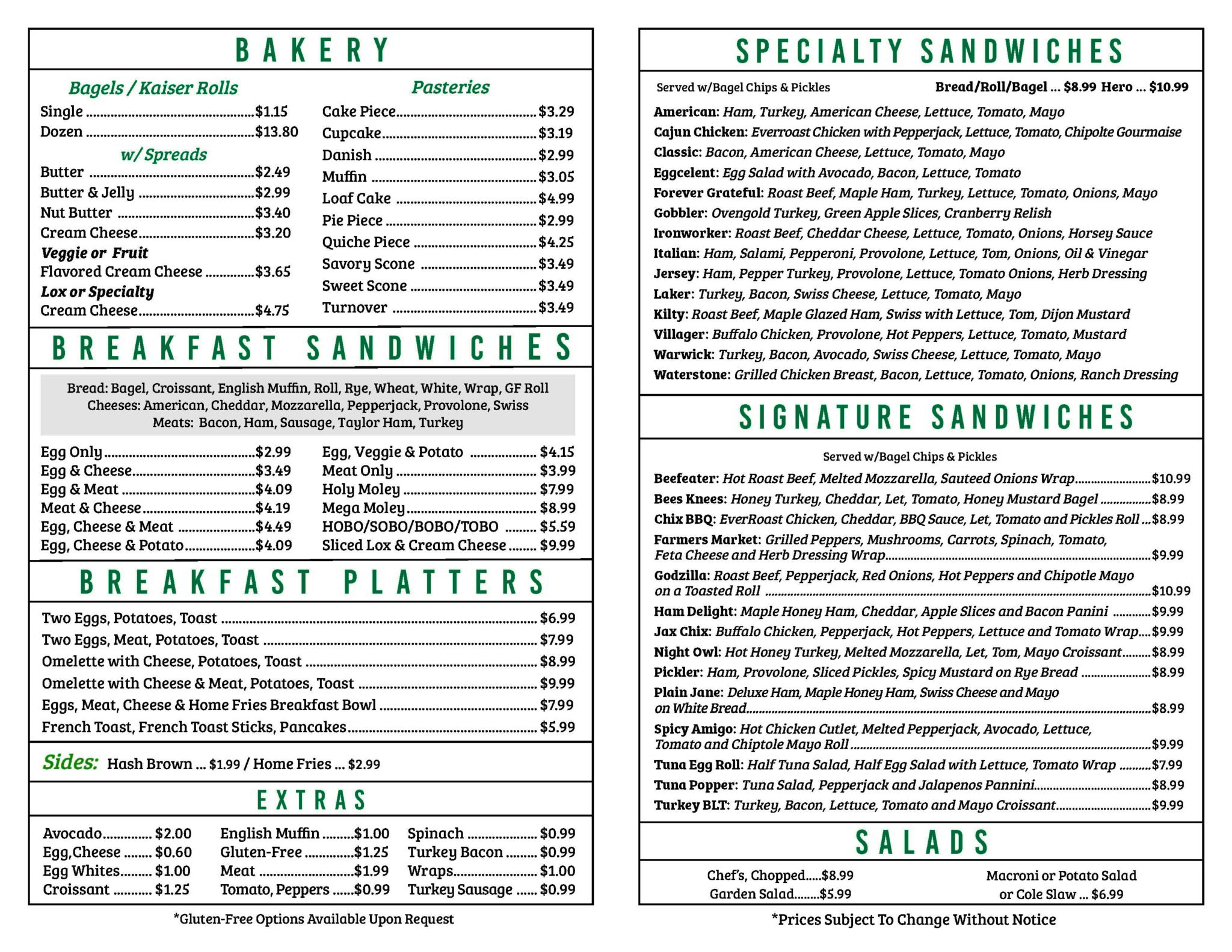 Menus - GREENWOOD LAKE BAGELS & BAKERY